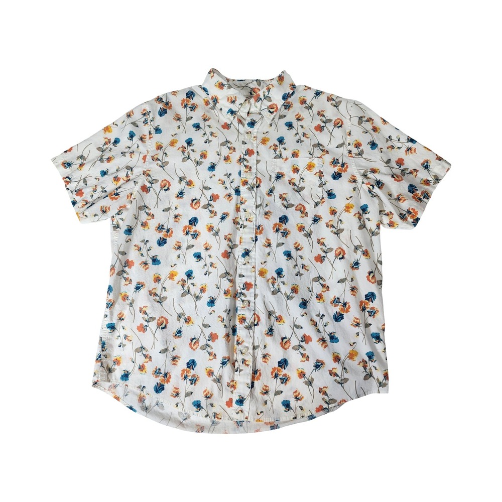 Lands' End White Floral Button-Down Shirt with Blue and Orange Flowers